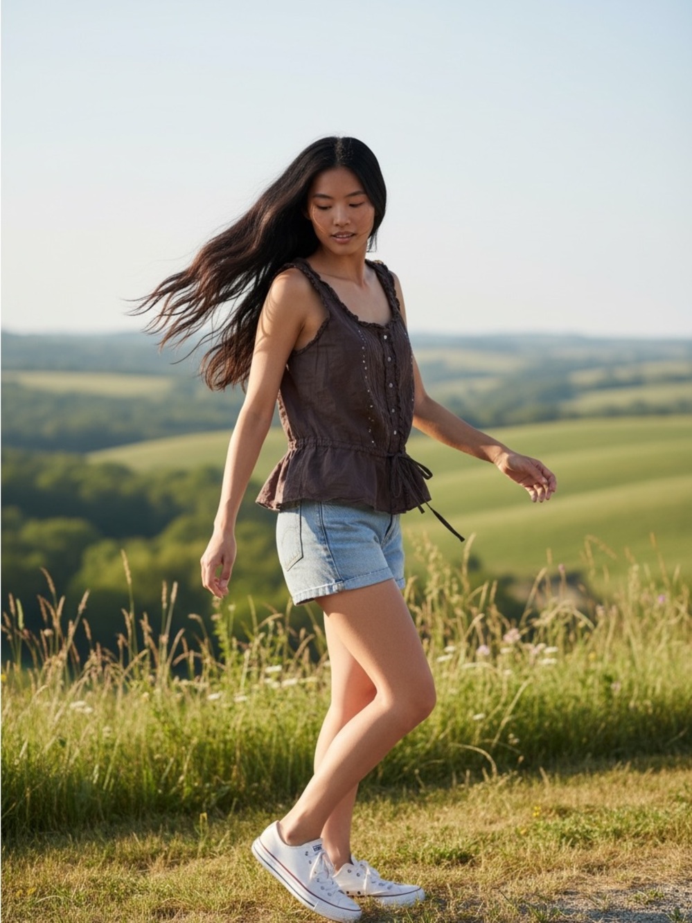 Women's Brown Ruffled Tie-Waist Camisole